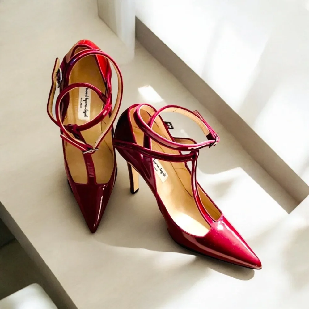 New! HENRI LEPORE DEZERT Carmela Burgundy Patent Crossback Heels  Shoes - Picture 2 of 12